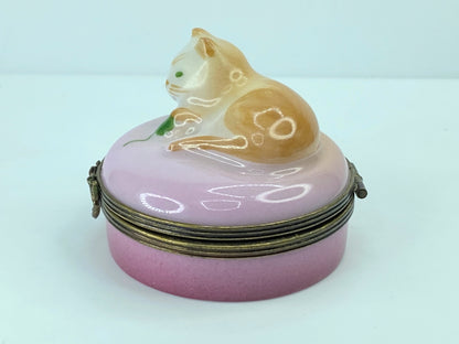 Limoges Castel Cat Trinket Box Peint Main France Vivid Green Eyes  2" A320
