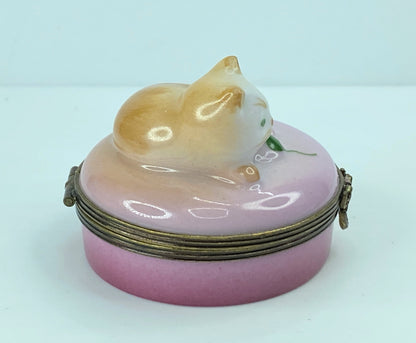 Limoges Castel Cat Trinket Box Peint Main France Vivid Green Eyes  2" A320