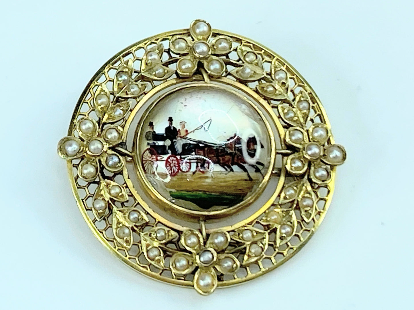 15K Reverse carving and painting Horse carriage Split seed pearls brooch JR9986