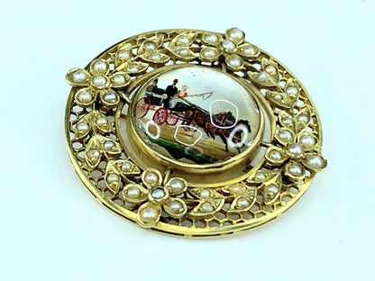 15K Reverse carving and painting Horse carriage Split seed pearls brooch JR9986