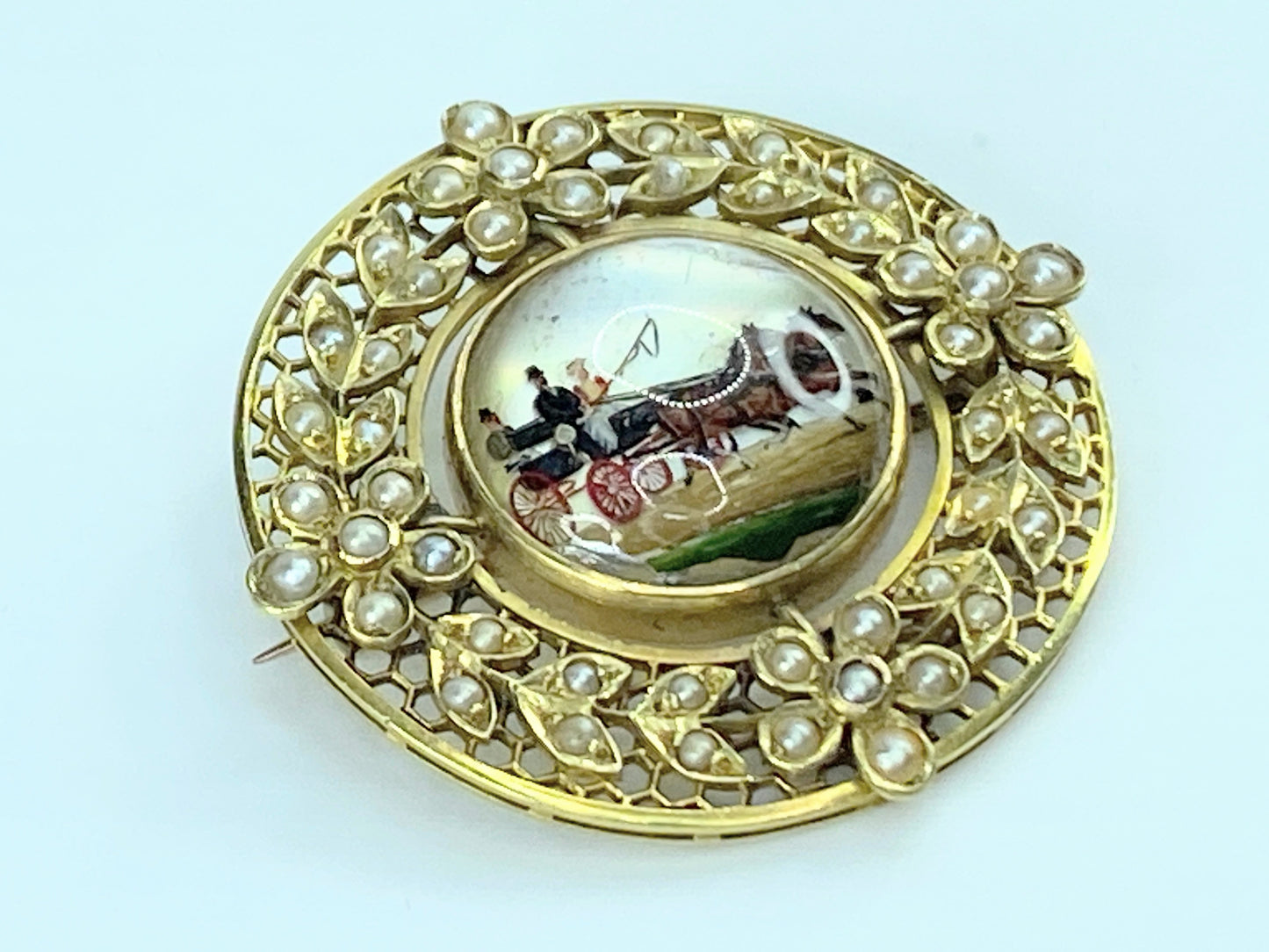 15K Reverse carving and painting Horse carriage Split seed pearls brooch JR9986