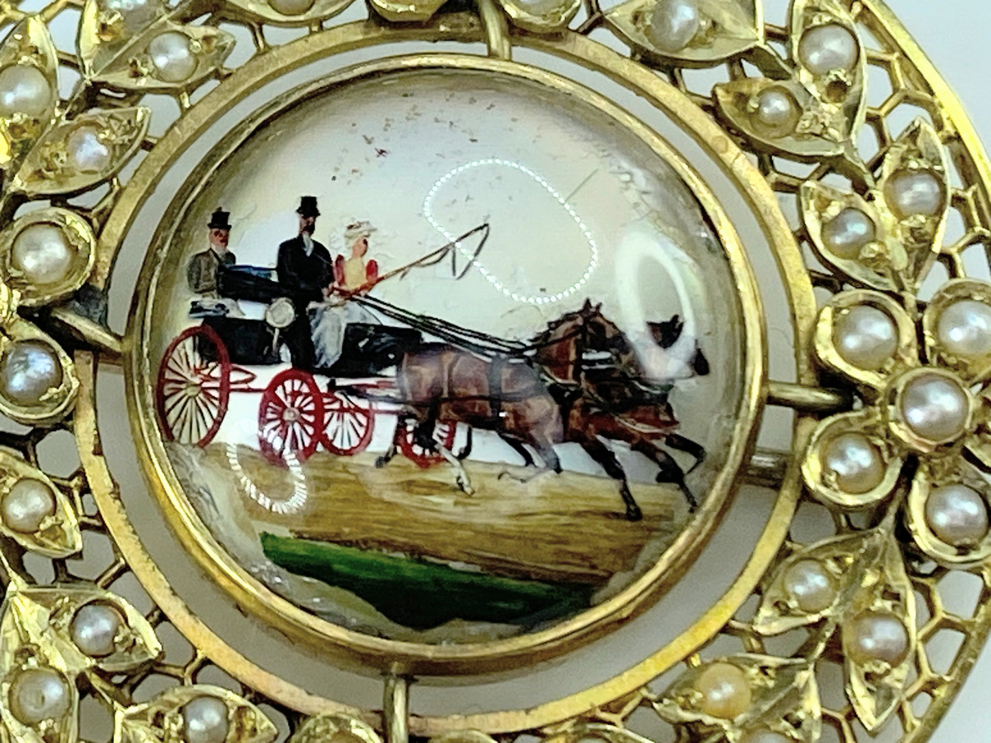 15K Reverse carving and painting Horse carriage Split seed pearls brooch JR9986