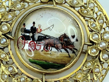 15K Reverse carving and painting Horse carriage Split seed pearls brooch JR9986