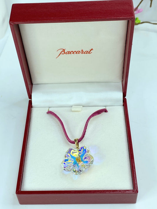Baccarat 18K 750 Cherry Blossom crystal pendant in burgundy velvet cord JR1087