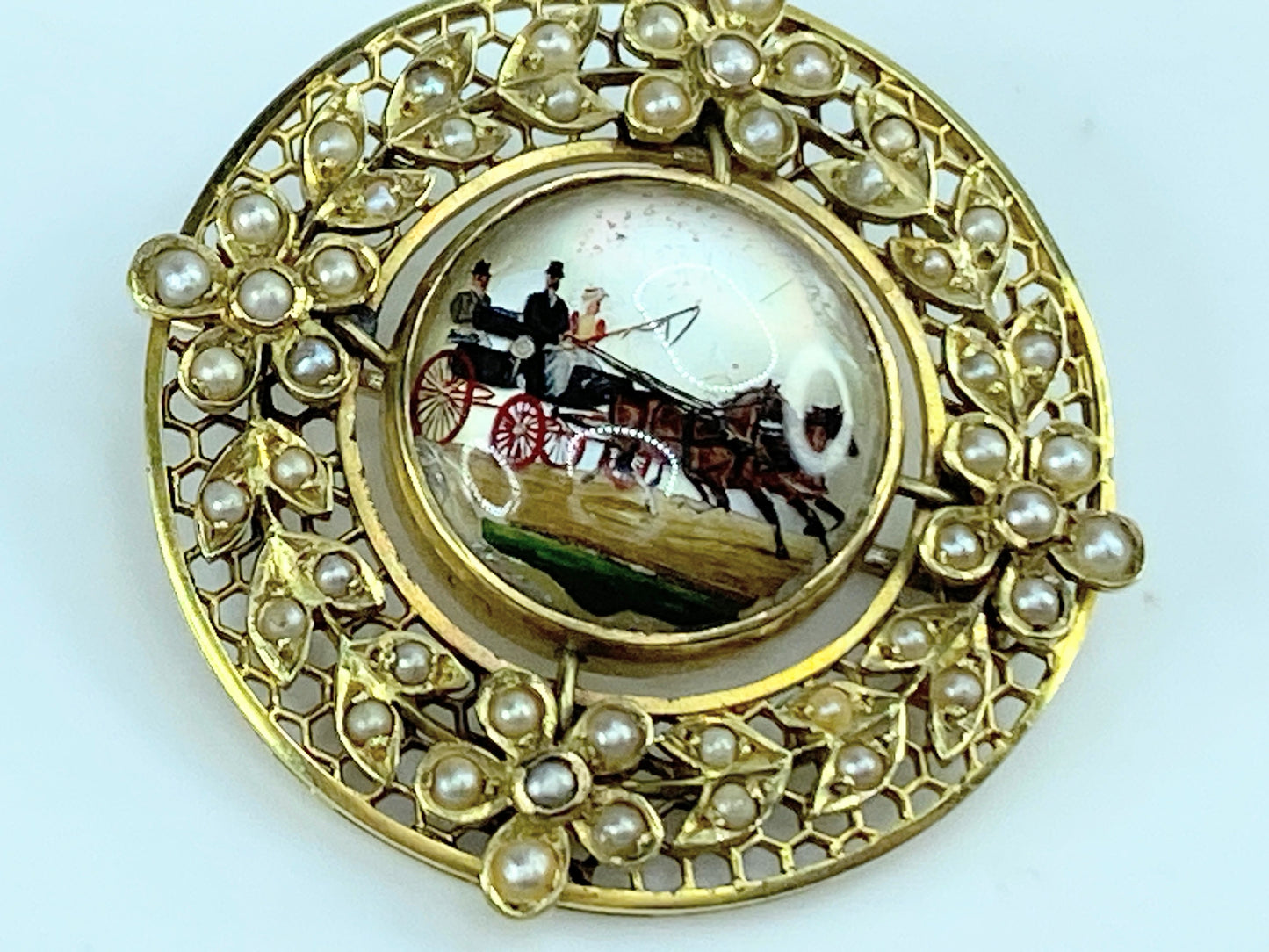 15K Reverse carving and painting Horse carriage Split seed pearls brooch JR9986