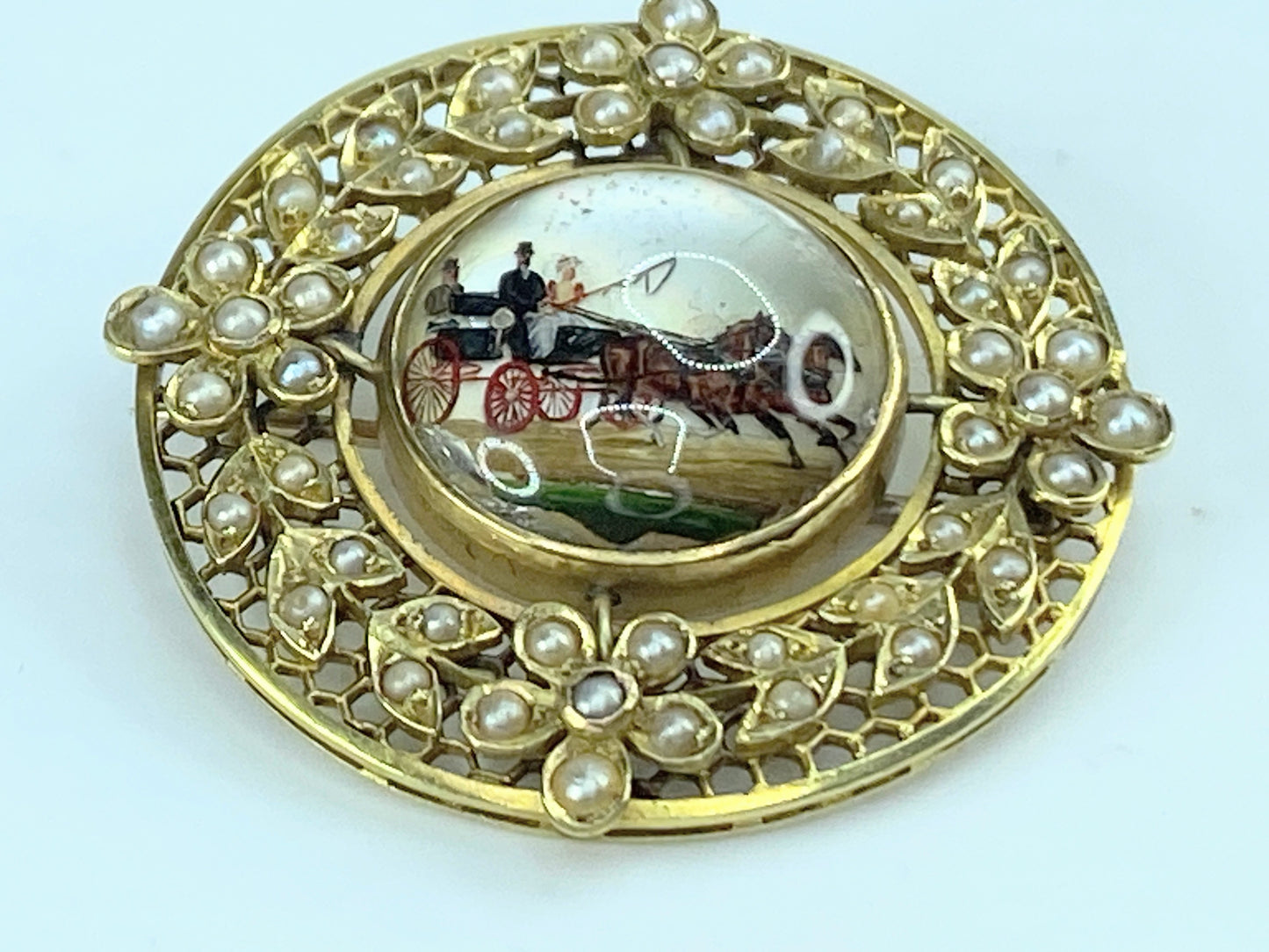 15K Reverse carving and painting Horse carriage Split seed pearls brooch JR9986