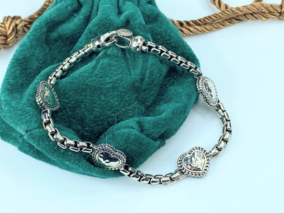 JAI Sterling Silver Symbols of Love Box Chain Station Bracelet JR9288