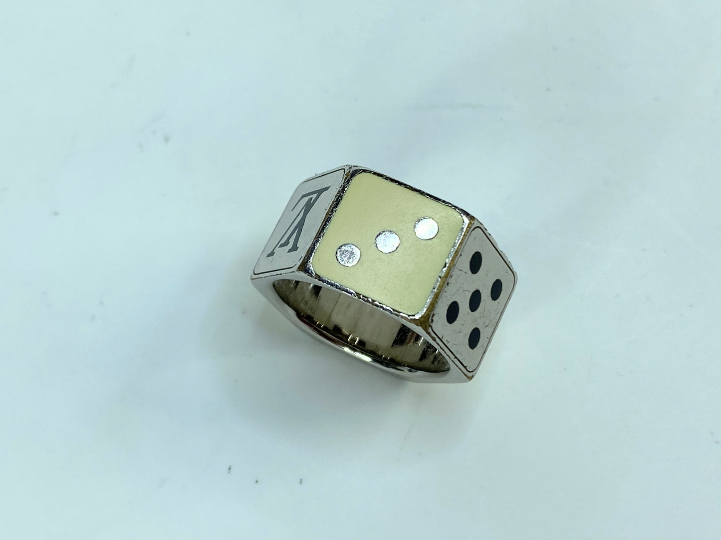 Vintage Louis Vuitton Dice Silver-Tone Cream Enamel Unisex Statement ring GS715