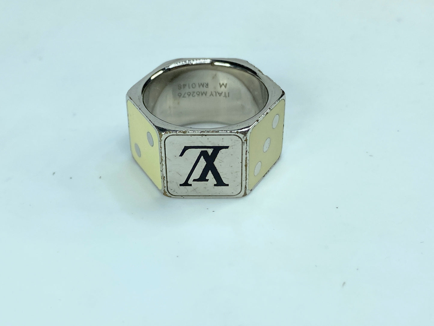 Vintage Louis Vuitton Dice Silver-Tone Cream Enamel Unisex Statement ring GS715