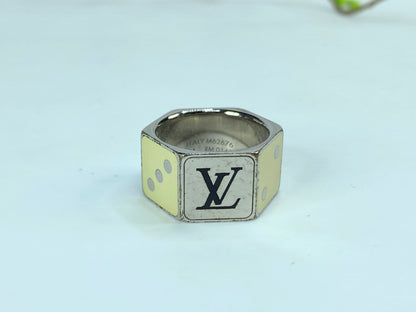 Vintage Louis Vuitton Dice Silver-Tone Cream Enamel Unisex Statement ring GS715