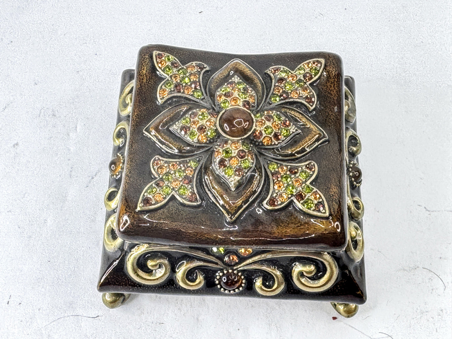 Vintage Austrian Crystal Jeweled Enameled Metal Footed Trinket Box SS378
