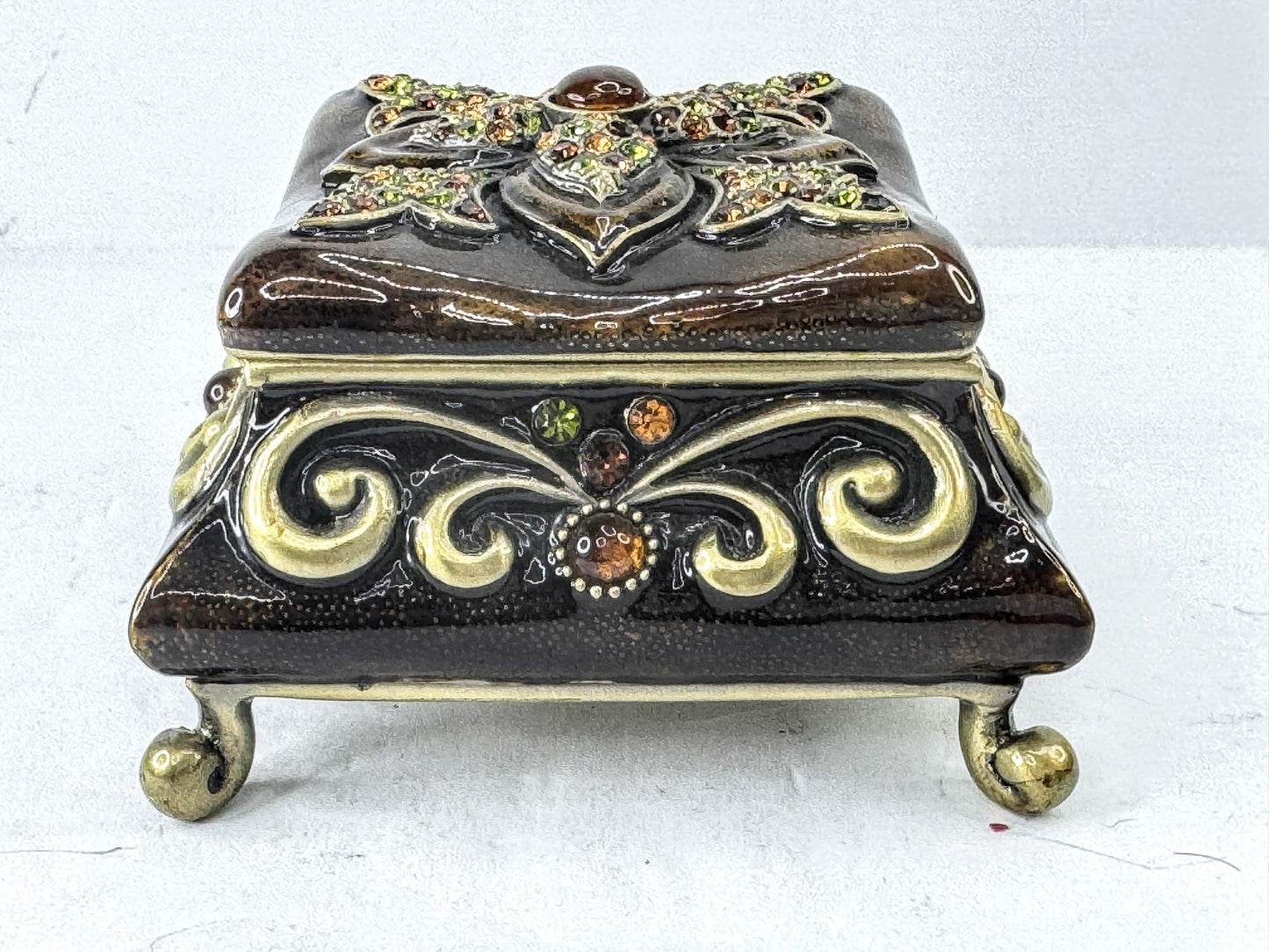 Vintage Austrian Crystal Jeweled Enameled Metal Footed Trinket Box SS378