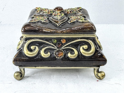 Vintage Austrian Crystal Jeweled Enameled Metal Footed Trinket Box SS378