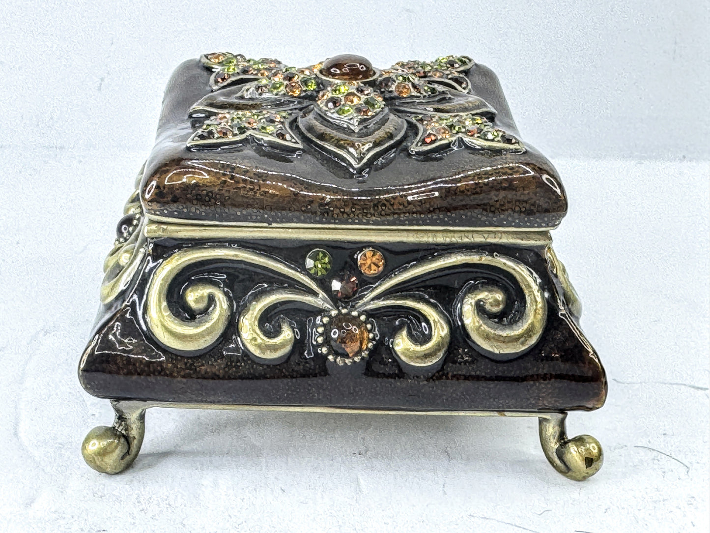 Vintage Austrian Crystal Jeweled Enameled Metal Footed Trinket Box SS378