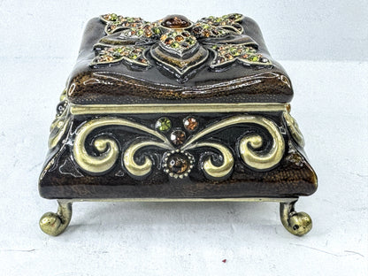 Vintage Austrian Crystal Jeweled Enameled Metal Footed Trinket Box SS378