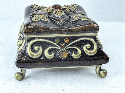 Vintage Austrian Crystal Jeweled Enameled Metal Footed Trinket Box SS378