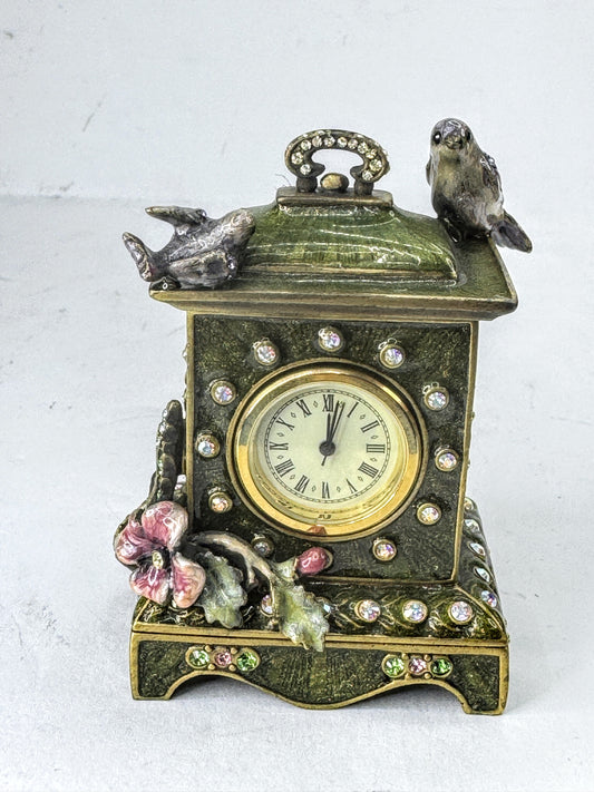 Vintage Jay Strongwater Bird and Floral Jeweled Swarovski Miniature Clock SS379