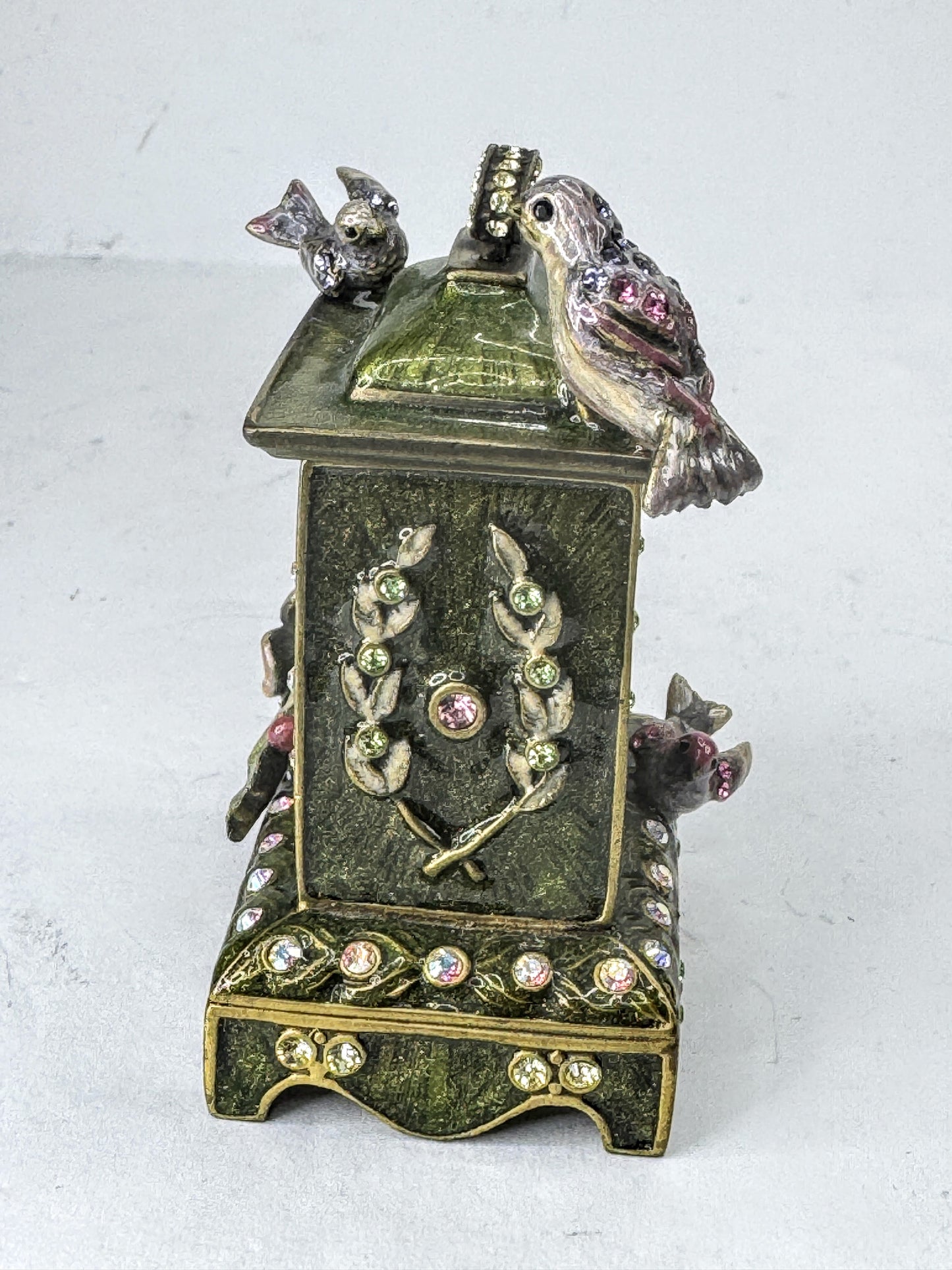 Vintage Jay Strongwater Bird and Floral Jeweled Swarovski Miniature Clock SS379