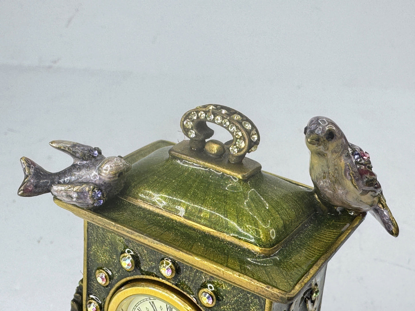 Vintage Jay Strongwater Bird and Floral Jeweled Swarovski Miniature Clock SS379