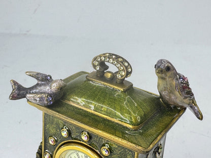 Vintage Jay Strongwater Bird and Floral Jeweled Swarovski Miniature Clock SS379