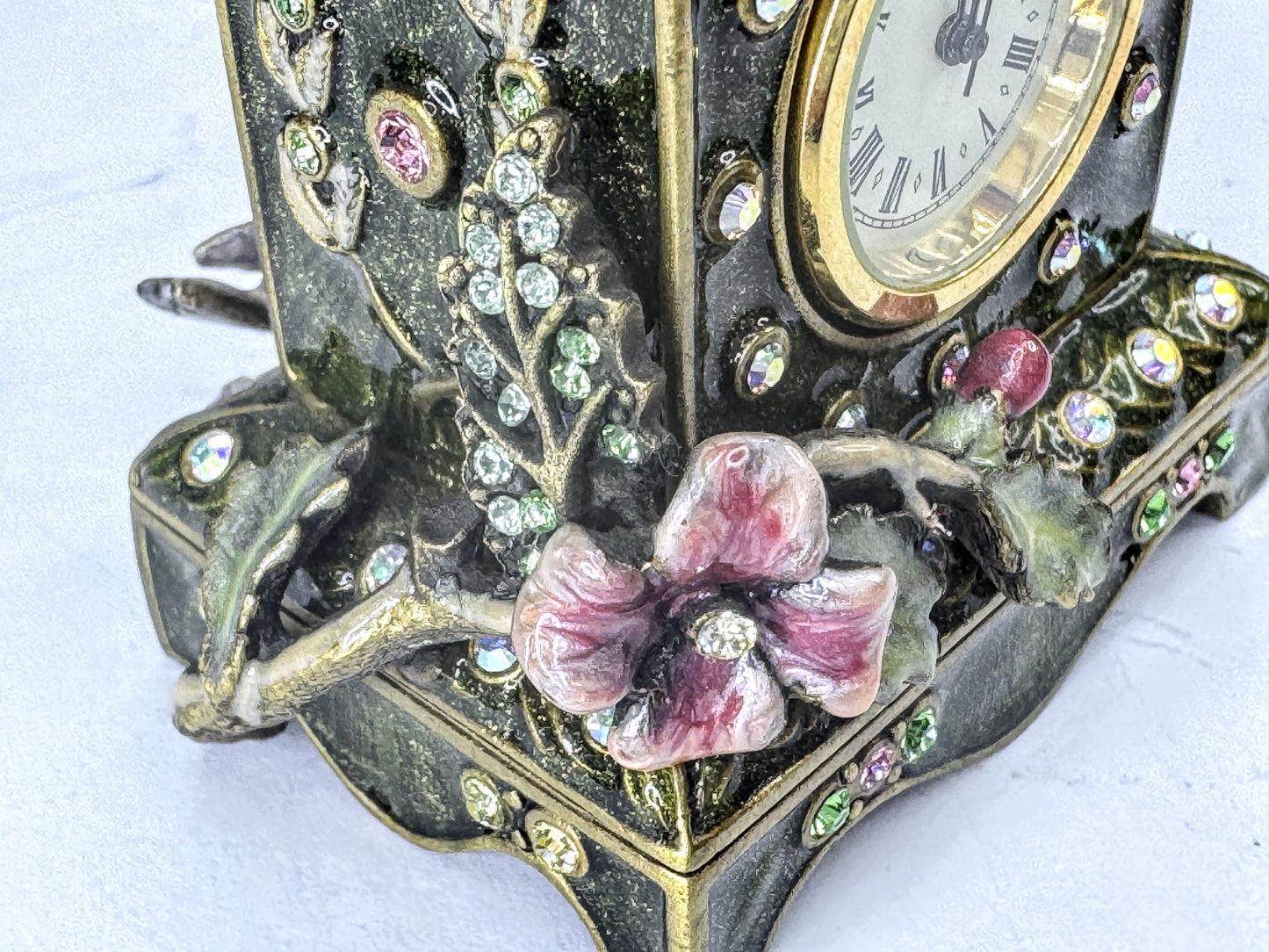 Vintage Jay Strongwater Bird and Floral Jeweled Swarovski Miniature Clock SS379