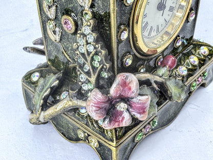 Vintage Jay Strongwater Bird and Floral Jeweled Swarovski Miniature Clock SS379
