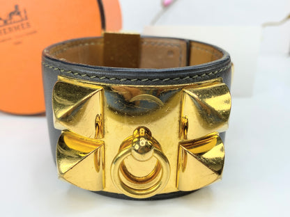 Hermès Vintage Collier de Chien Black Leather Cuff with Gold-Tone Hardware GS714