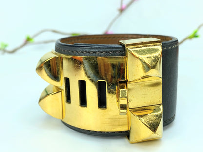 Hermès Vintage Collier de Chien Black Leather Cuff with Gold-Tone Hardware GS714