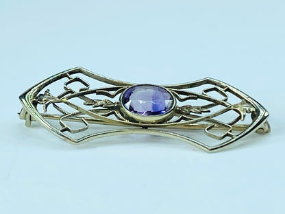 Art Deco 14K oval Amethyst Open work geometric design brooch