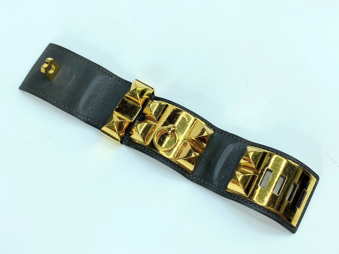 Hermès Vintage Collier de Chien Black Leather Cuff with Gold-Tone Hardware GS714