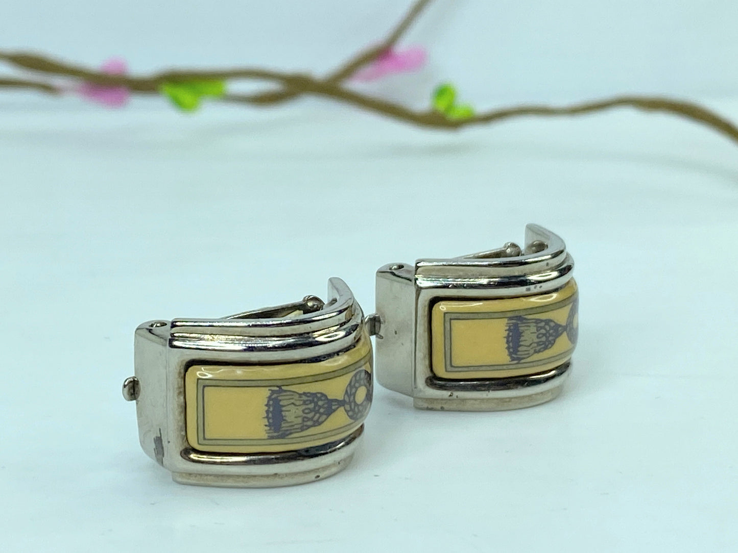 Vintage HERMES Hermes enamel earrings in metal, silver for women  GS658