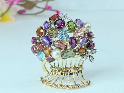 Lovely Multi Gem set Giardinetti Jardinière Brooch in 10k gold c1950 13g JR9993