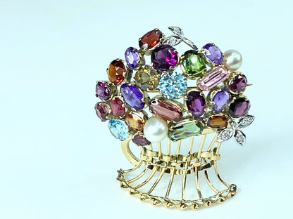 Lovely Multi Gem set Giardinetti Jardinière Brooch in 10k gold c1950 13g JR9993