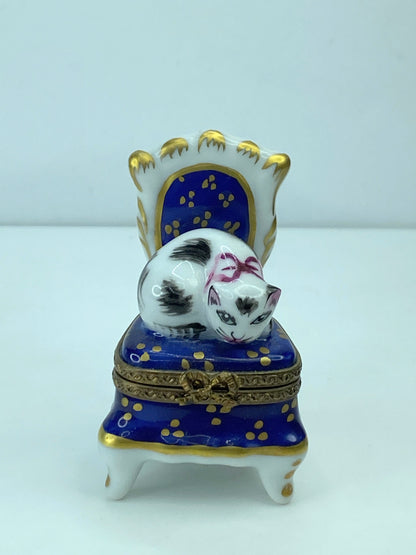 Marque Deposee Limoges France Cat Napping on Blue Chair Trinket Box 2 3/8" A321