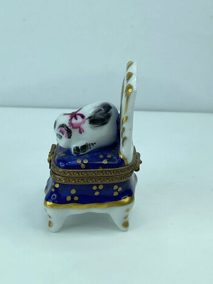 Marque Deposee Limoges France Cat Napping on Blue Chair Trinket Box 2 3/8" A321