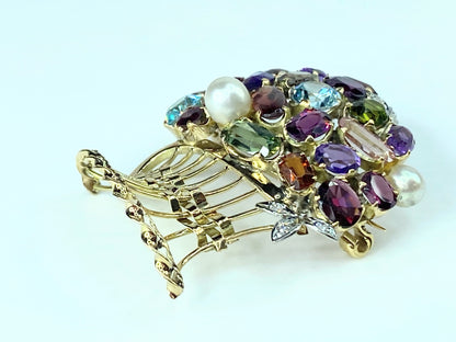 Lovely Multi Gem set Giardinetti Jardinière Brooch in 10k gold c1950 13g JR9993