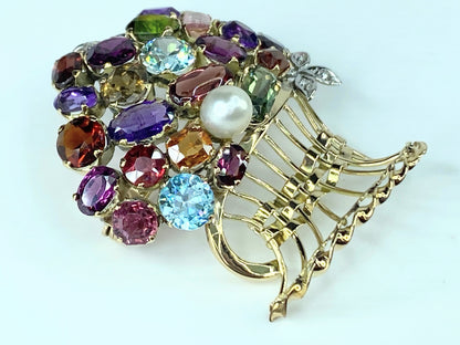 Lovely Multi Gem set Giardinetti Jardinière Brooch in 10k gold c1950 13g JR9993