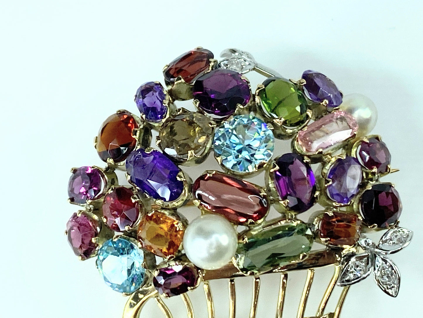 Lovely Multi Gem set Giardinetti Jardinière Brooch in 10k gold c1950 13g JR9993