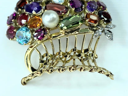 Lovely Multi Gem set Giardinetti Jardinière Brooch in 10k gold c1950 13g JR9993