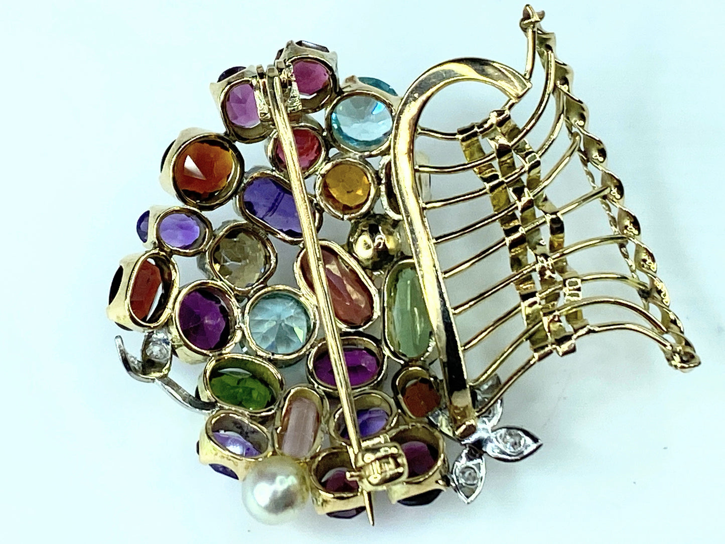 Lovely Multi Gem set Giardinetti Jardinière Brooch in 10k gold c1950 13g JR9993