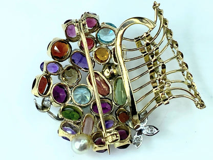 Lovely Multi Gem set Giardinetti Jardinière Brooch in 10k gold c1950 13g JR9993