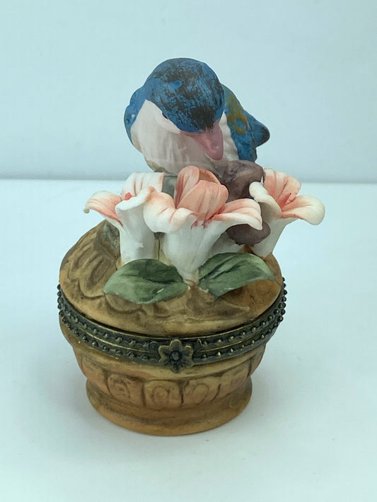 Rare 1970's Ceramic Blue Bird Lily brown brass metalwork trinket box 3" A322