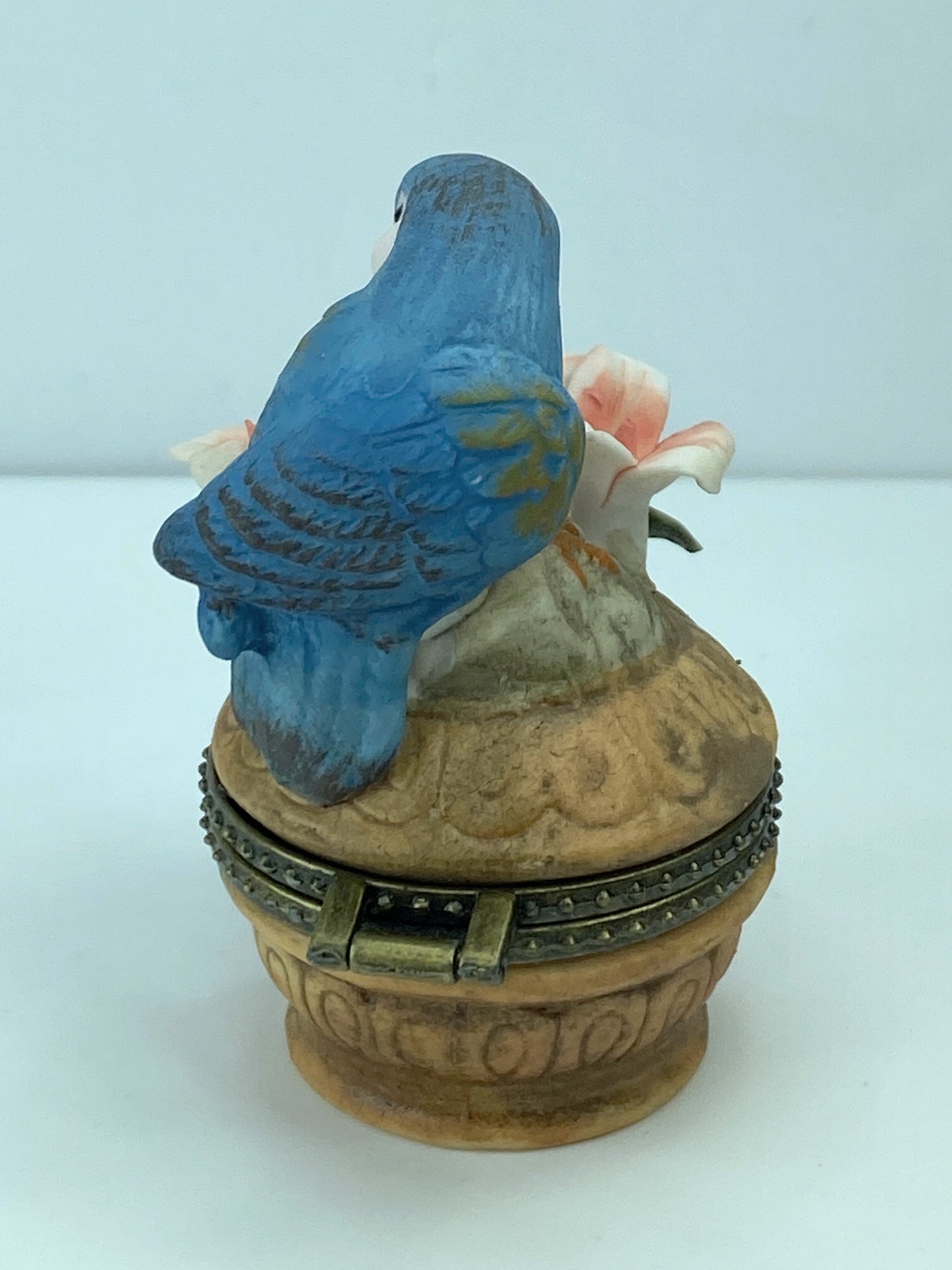 Rare 1970's Ceramic Blue Bird Lily brown brass metalwork trinket box 3" A322
