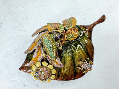 Jay Strongwater Swarovski Crystal Jeweled Frog Leaf Enamel Trinket Box SS385