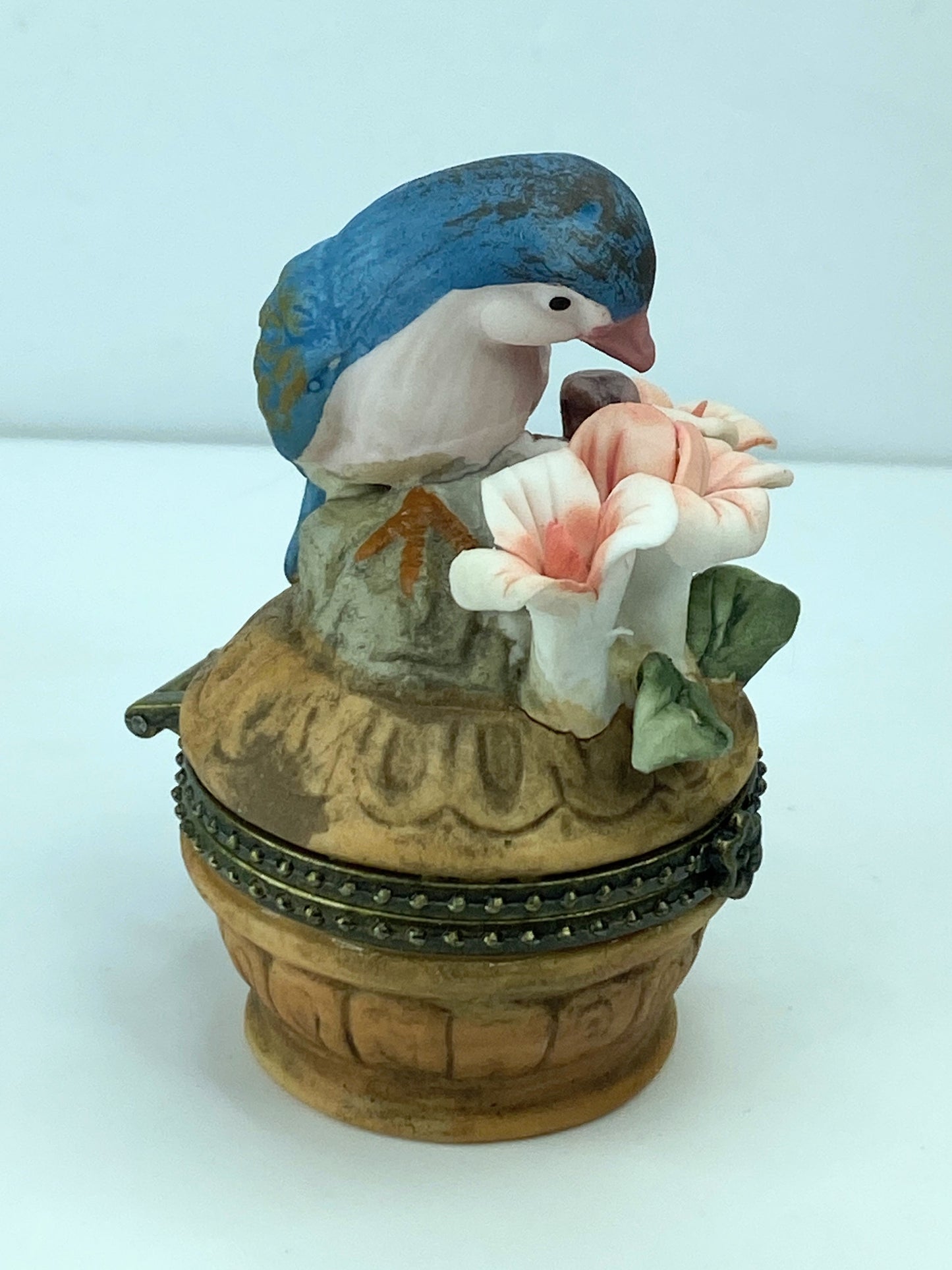 Rare 1970's Ceramic Blue Bird Lily brown brass metalwork trinket box 3" A322