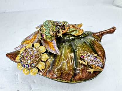 Jay Strongwater Swarovski Crystal Jeweled Frog Leaf Enamel Trinket Box SS385
