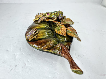 Jay Strongwater Swarovski Crystal Jeweled Frog Leaf Enamel Trinket Box SS385