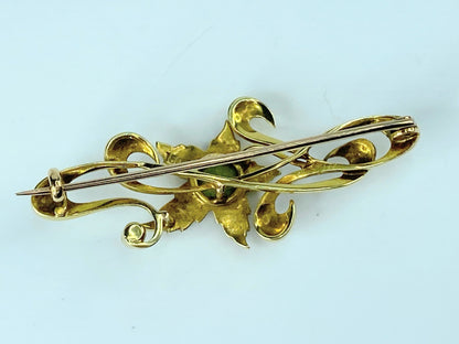 Antique 15ct Edwardian Seed Pearl & Peridot scroll floral Brooch 5.3g 1 7/8" JR9994