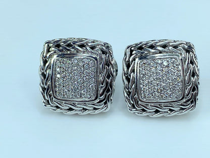 John Hardy Sterling 925 & 18K Classic Chain Diamond Pave Square Earrings JR9349