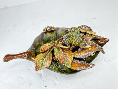 Jay Strongwater Swarovski Crystal Jeweled Frog Leaf Enamel Trinket Box SS385
